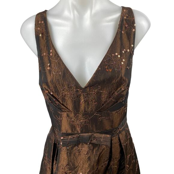 JS Collection Brown Satin Sequin Floral Embroidered Sleeveless Flare Dress 10 - Picture 3 of 5